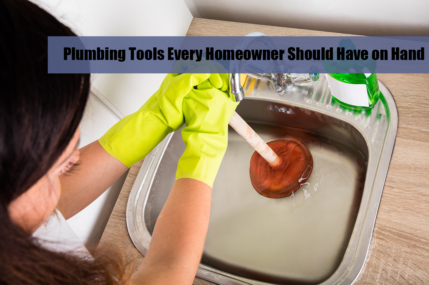 Anonymous woman using a plunger plumbing tool on a clogged metal sink.